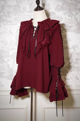 Wine Red Pirate Series Navigation Treasure Hunting Guide V Collar Long Hime Sleeves Ouji Lolita Blouse - Product - 6