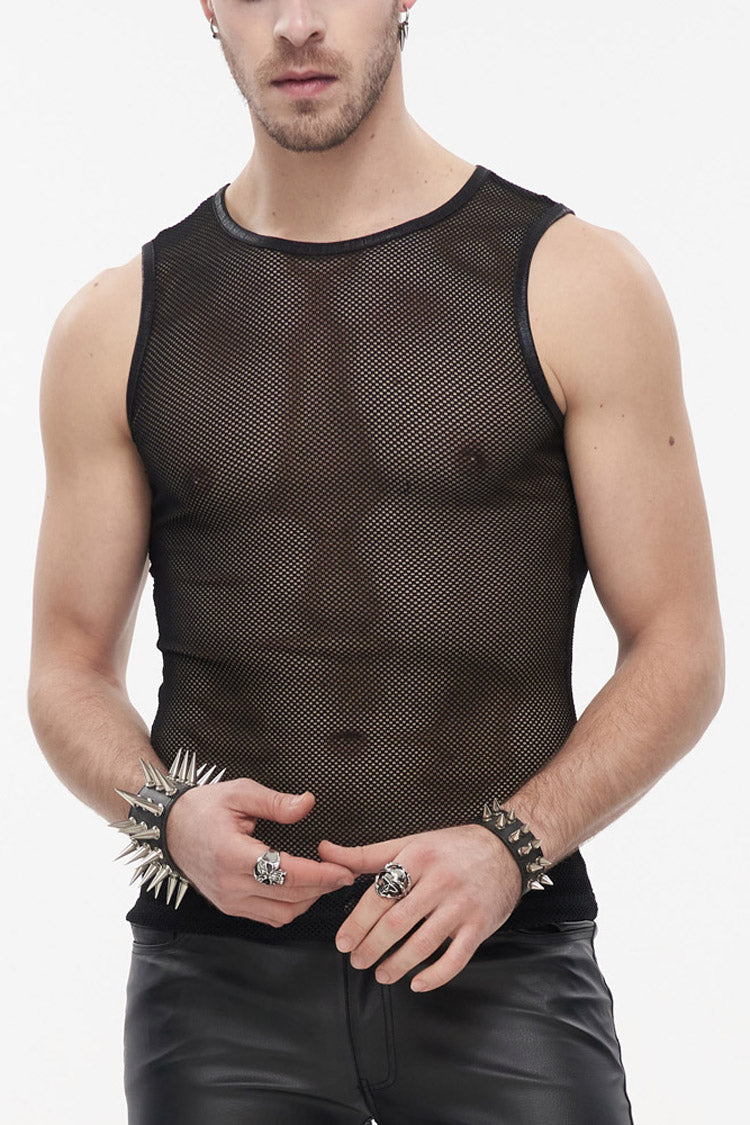 Black Gothic Elasticity Perspective Rhombus Net Yarn Sleeveles Men's T-Shirt - Black - 1