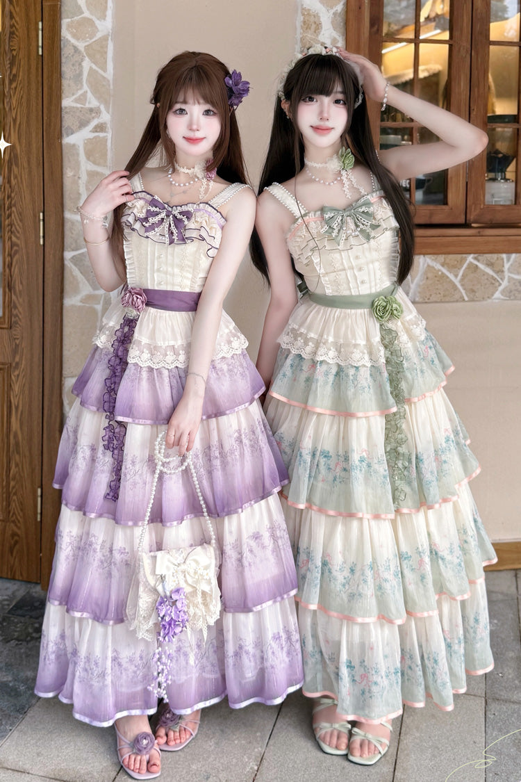 Green [Lilac Thoughts] Sleeveless Gradient Multi-Layered Print Ruffle Bowknot Lace Sweet Lolita Dress Set - Product - 3