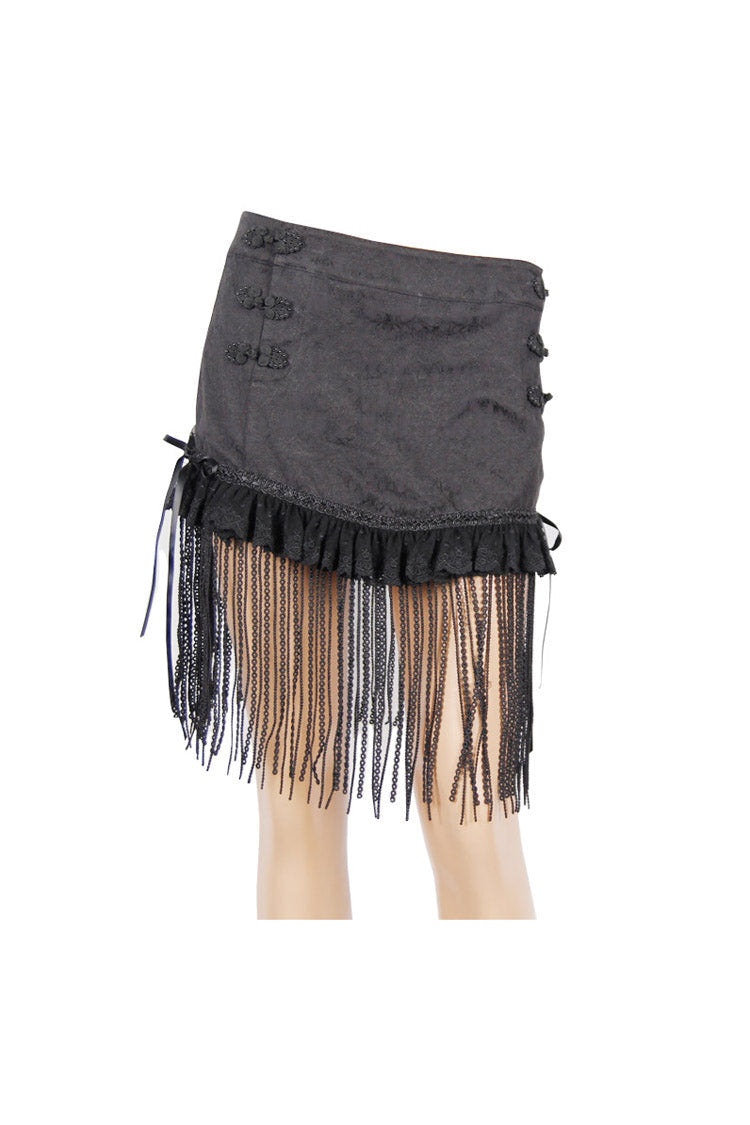 Black Jacquard Lace Tassel Hem Back Waist Lace Up Short Women's Gothic Skirt - Product - 4