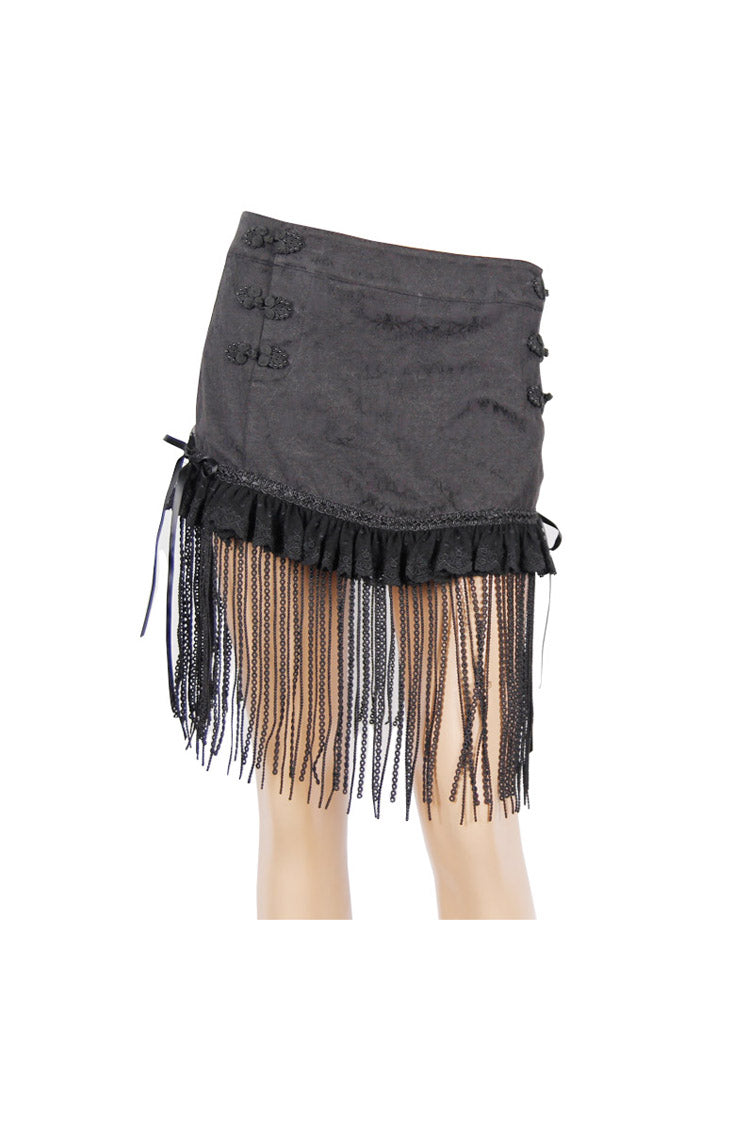 Black Jacquard Lace Tassel Hem Back Waist Lace Up Short Women's Gothic Skirt - Product - 4