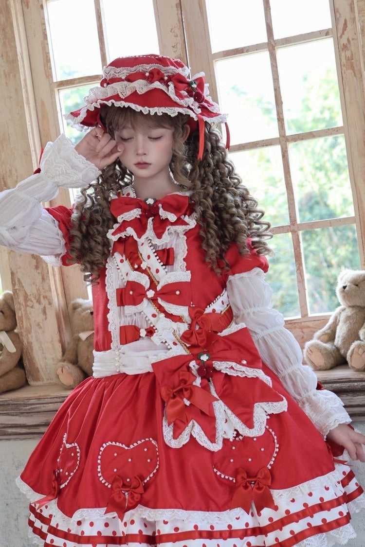 Red Round Collar Long Sleeves Multi-Layered Bow Sweet Lolita Dress Set - Product - 2
