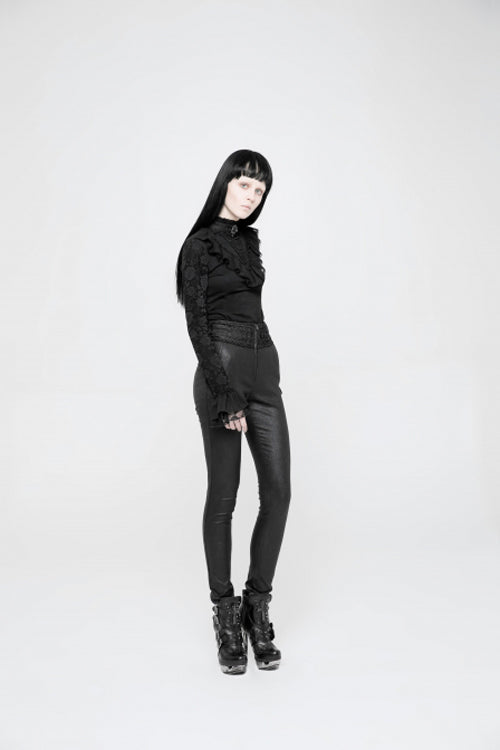 Black High Waist Flower Weaves The Ribbon Decoration Lace Up Gothic Jacquard Women's Pants - Product - 5