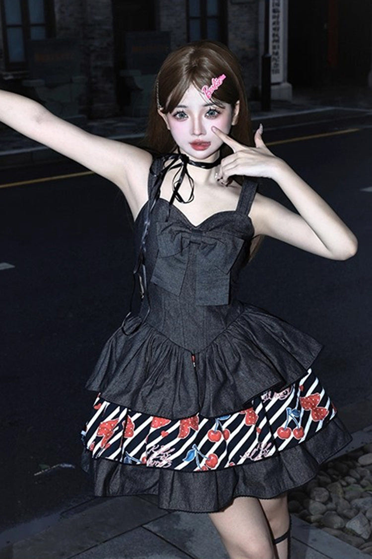 Black [Cherry] Sleeveless Triple-Layered Print Ruffle Bowknot Denim Sweet Japanese Vintage Lolita Jsk Dress - Black - 1