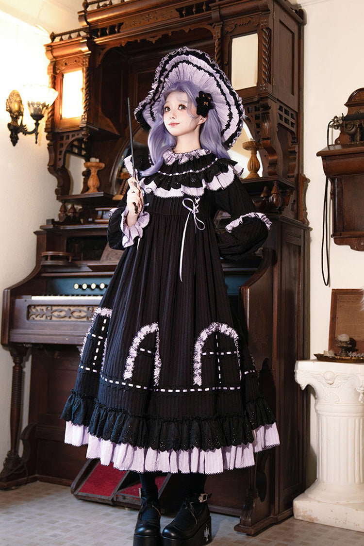 Black [Twin Lilian] Round Collar Long Sleeves Double-Layered Ruffled Bow Lace-Up Gothic Lolita Dress - Product - 12