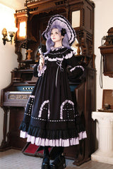 Black [Twin Lilian] Round Collar Long Sleeves Double-Layered Ruffled Bow Lace-Up Gothic Lolita Dress - Product - 12