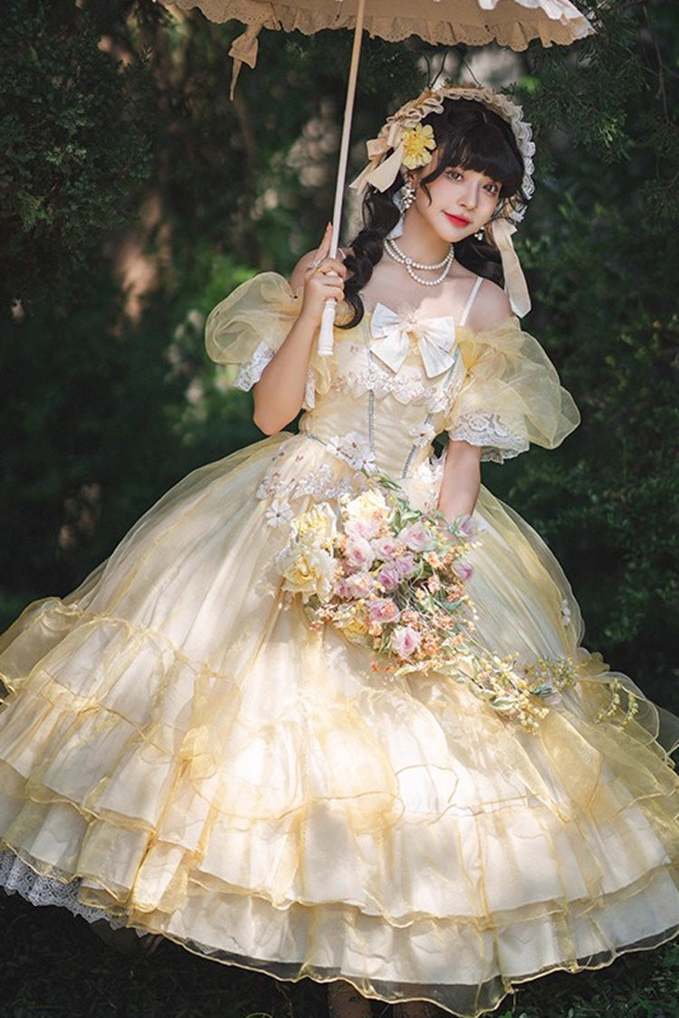 Yellow Off Shoulder Short Sleeves Triple-Layered Ruffle Hanayome Bowknot Lace Sweet Plus Size Lolita Dress - Yellow - 1