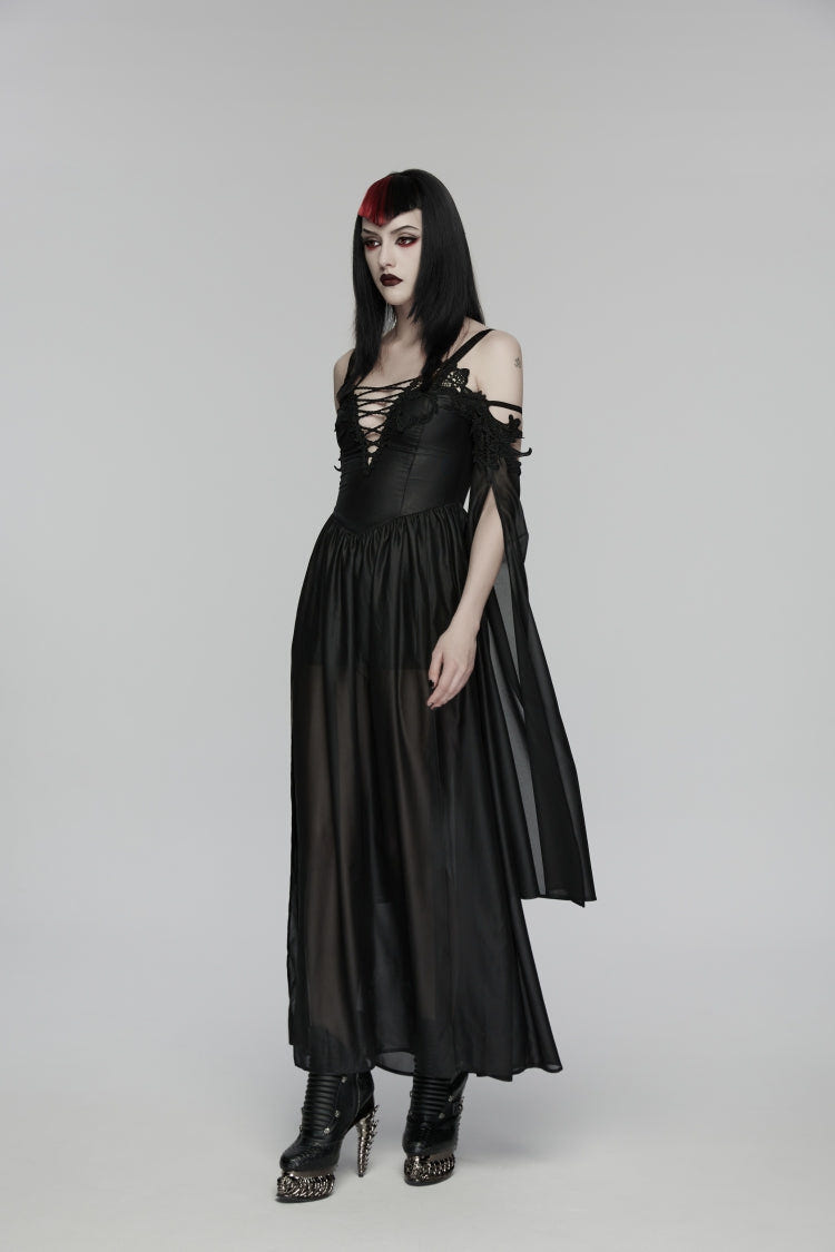 Black Off Shoulder Long Sleeves Embroidered Lace-Up Women's Gothic Elegant Dress Wedding Dress - Product - 8