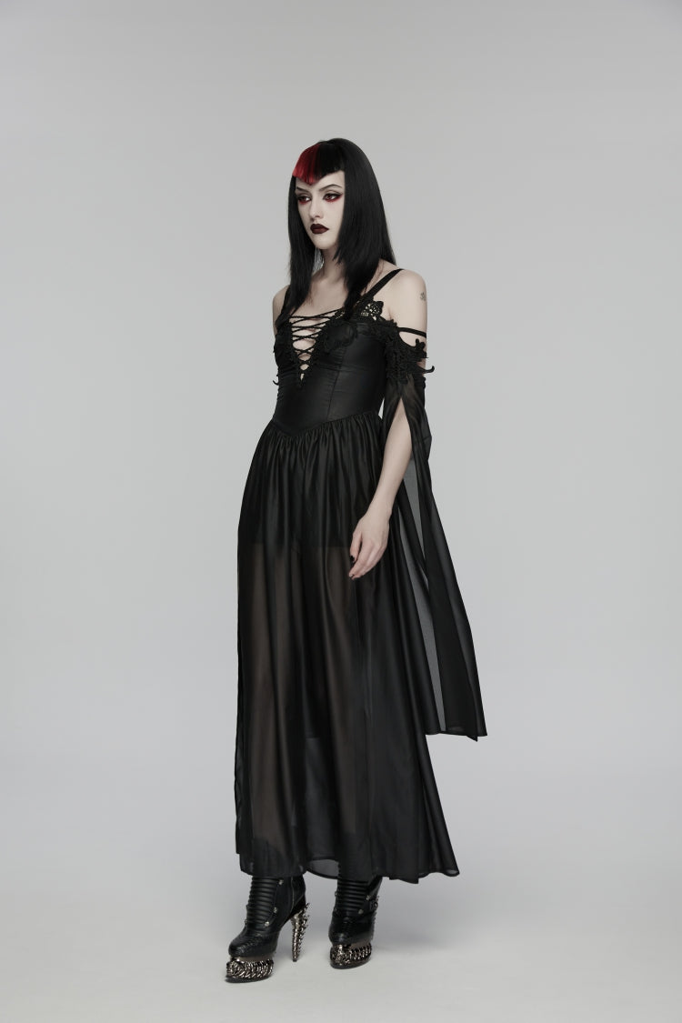 Black Off Shoulder Long Sleeves Embroidered Lace-Up Women's Gothic Elegant Dress Wedding Dress - Product - 8