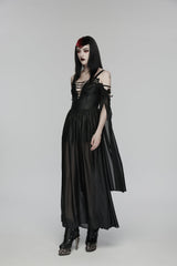 Black Off Shoulder Long Sleeves Embroidered Lace-Up Women's Gothic Elegant Dress Wedding Dress - Product - 8