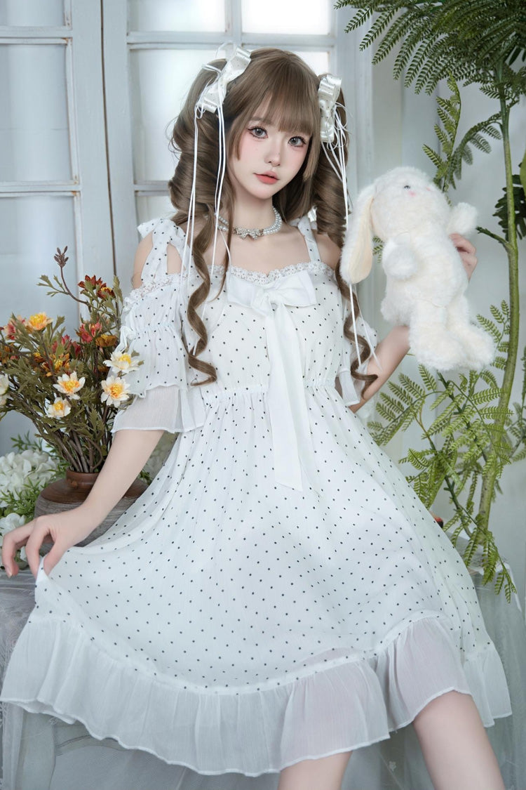 White Off Shoulder Short Sleeves Polka Dots Printed Ruffled Bow Lace Sweet Elegant Palace Lolita Dress - Product - 2