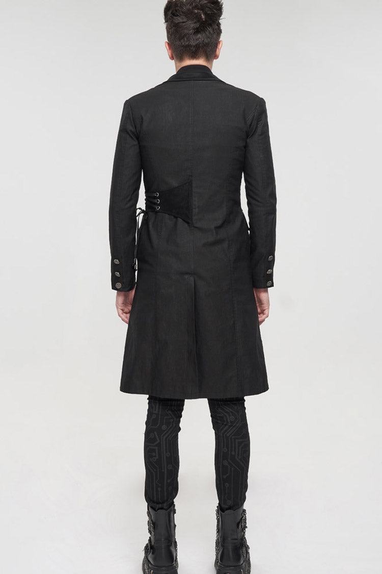 Black Punk Twill Imitation Leather Metal Pin Decoration Drawstring Design Long Men's Coat - Product - 8