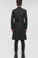 Black Punk Twill Imitation Leather Metal Pin Decoration Drawstring Design Long Men's Coat - Product - 8