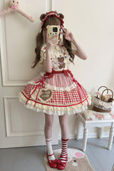 Rabbit Bear Diary Plaid Print Ruffle Bowknot Sweet Lolita Skirt 2 Colors (Blouse Included) - Product - 5