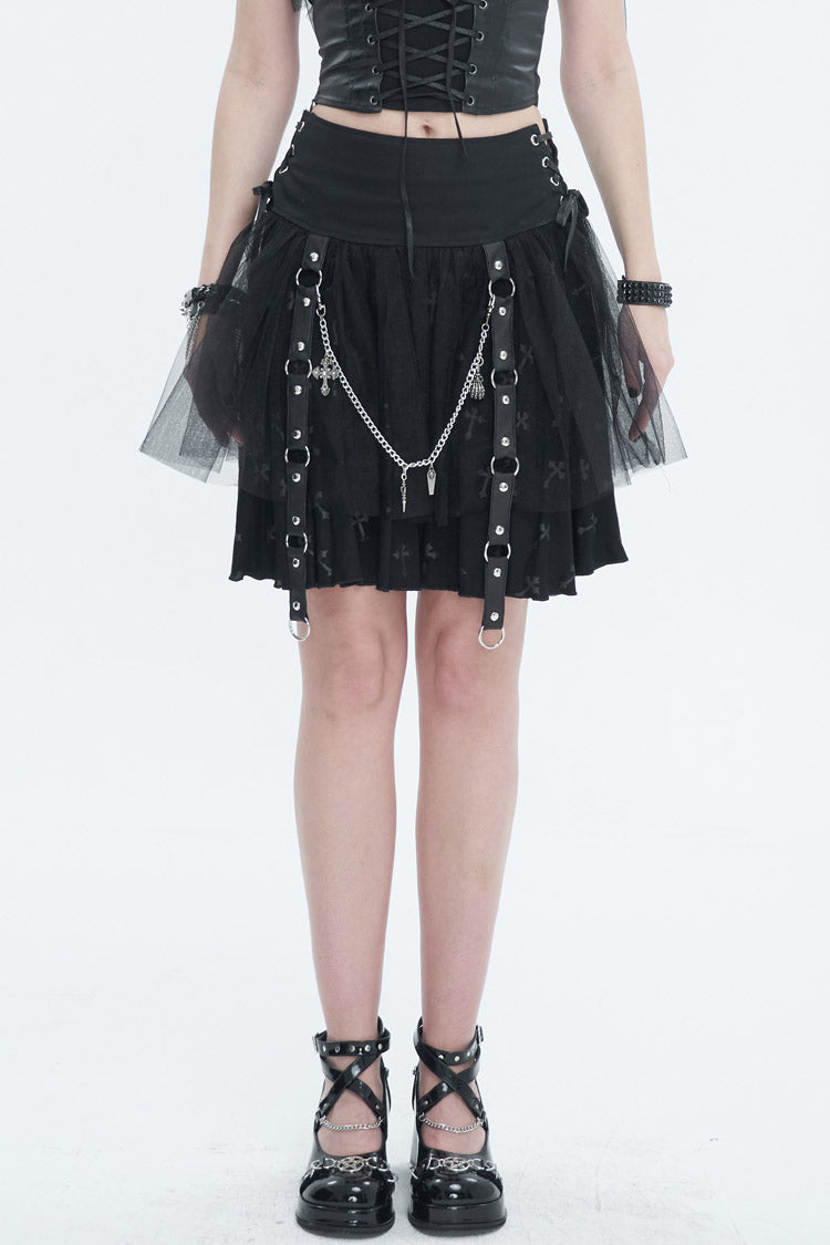 Black Cross Print Side Waist Straps Detachable Metal Chain Women's Punk Skirt - Black - 1