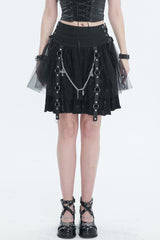 Black Cross Print Side Waist Straps Detachable Metal Chain Women's Punk Skirt - Black - 1