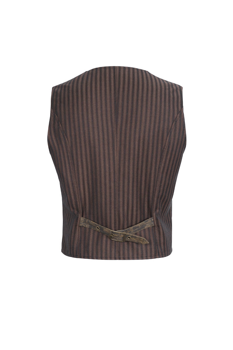 Brown Striped V Collar Stitching Slim Men's Gothic Vest - Product - 6