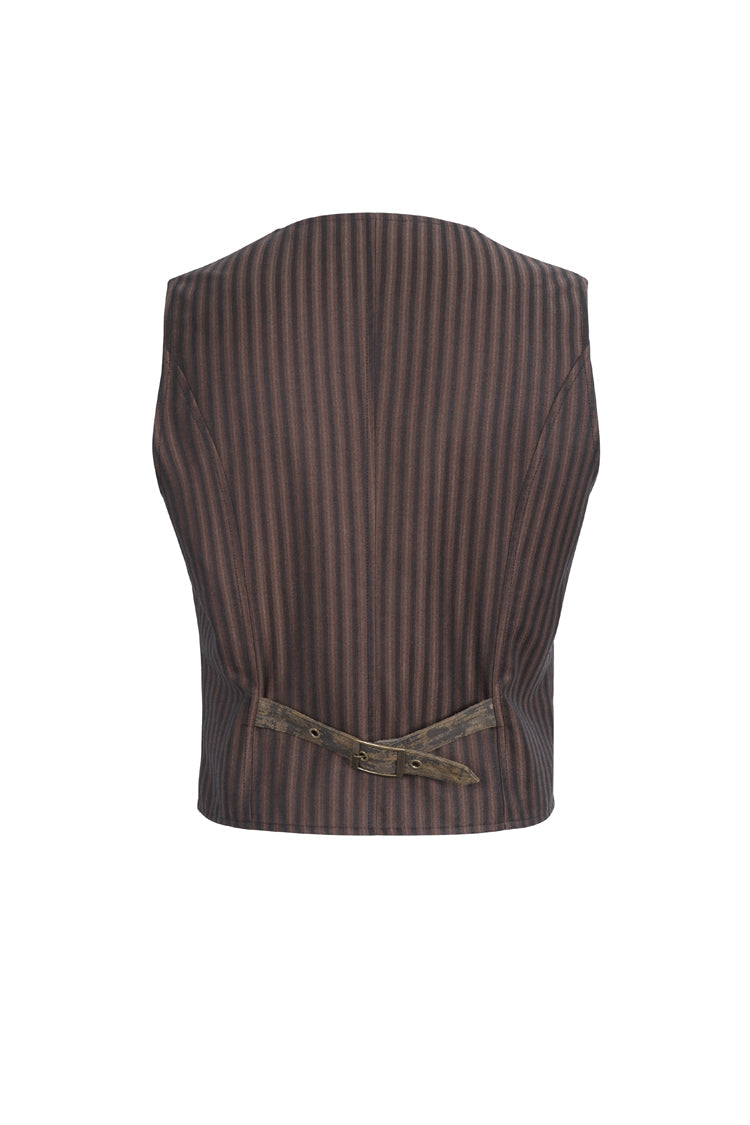 Brown Striped V Collar Stitching Slim Men's Gothic Vest - Product - 6
