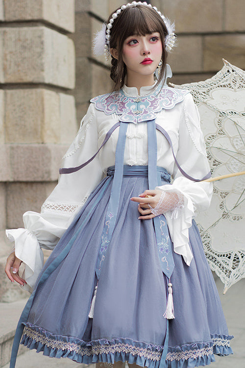 White/Blue Chinese Style Hollow Long Sleeve Classic Lolita Dress Full Set - Product - 4