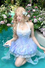 Blue [Starlight Jellyfish Princess] Halterneck Sleeveless Ruffle Lace Sweet Lolita Jsk Dress - Product - 5