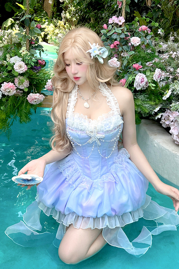 Blue [Starlight Jellyfish Princess] Halterneck Sleeveless Ruffle Lace Sweet Lolita Jsk Dress - Product - 5