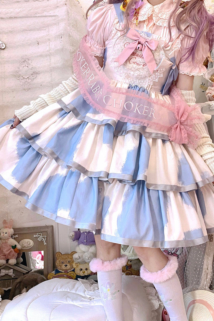 Blue Sleeveless Triple-Layered Cow Print Ruffle Bowknot Sweet Lolita Jsk Dress - Product - 2