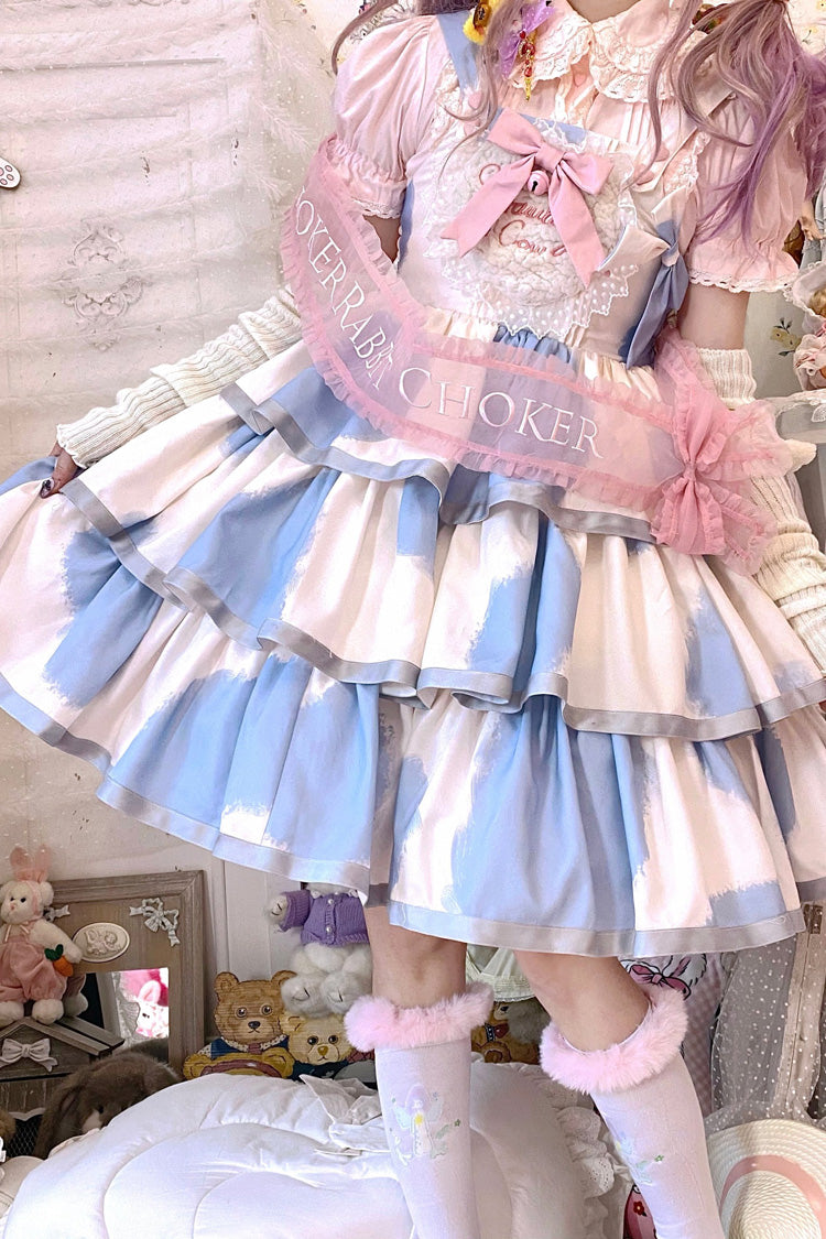 Blue Sleeveless Triple-Layered Cow Print Ruffle Bowknot Sweet Lolita Jsk Dress - Product - 2