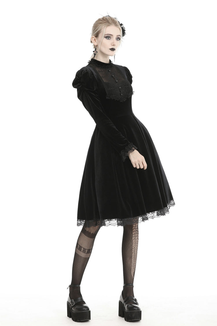 Black Lace Long Puff Sleeves Women's Gothic Velet Dress - Product - 11