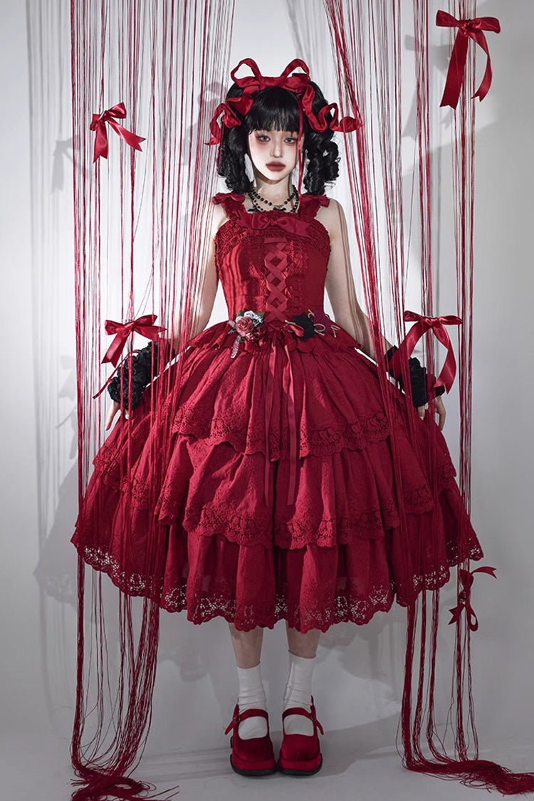 Wine Red [Forest Waltz] Embroidery Bowknot Lace-Up Slim Sweet Elegant Lolita Suspender Top - Product - 7