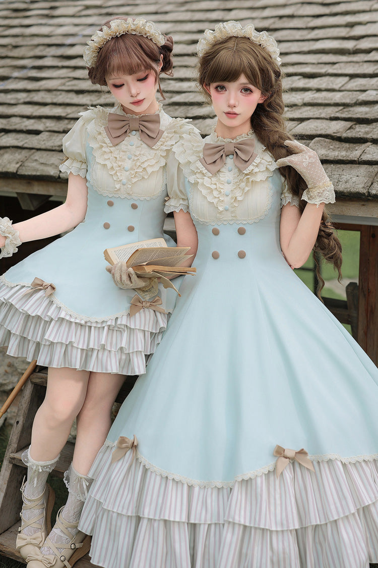 Blue [Sea Salt Snow Cap] Stand Collar Short Sleeves Petal Hem Ruffled Bow Sweet Lolita Dress Set 2 Versions - Product - 6