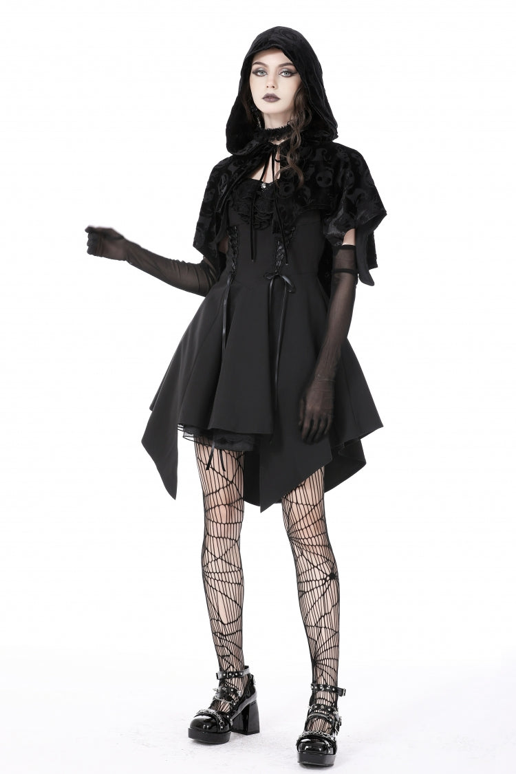 Black Skull Printed Front Lace-Up Women's Gothic Velvet Cape with Hood - Product - 11