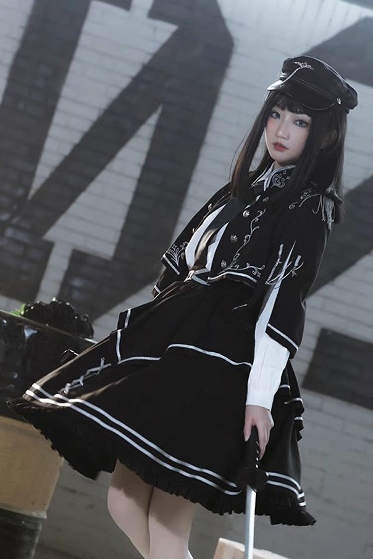 Black Battle of Thorns Print Ruffle Gothic Military Handsome Lolita Skirt - Product - 6