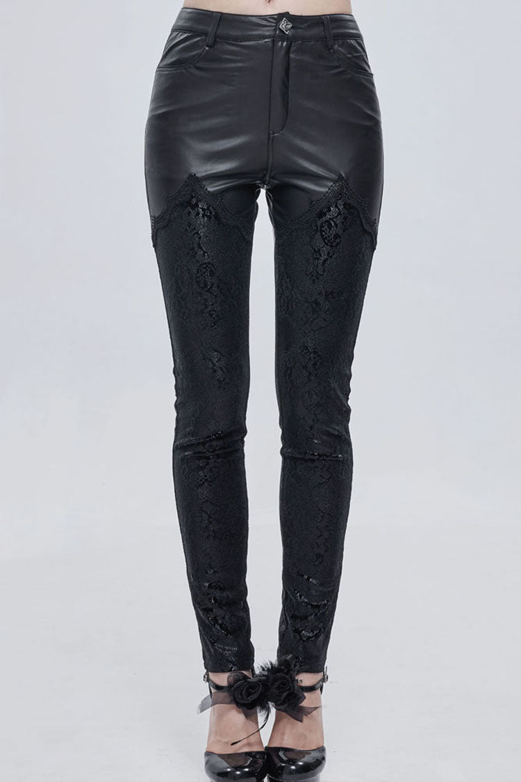 Black Gothic Metal Rose Button Leather Lace Panel Slim Fit Women's Long Pants - Black - 1