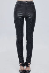 Black Gothic Metal Rose Button Leather Lace Panel Slim Fit Women's Long Pants - Black - 1