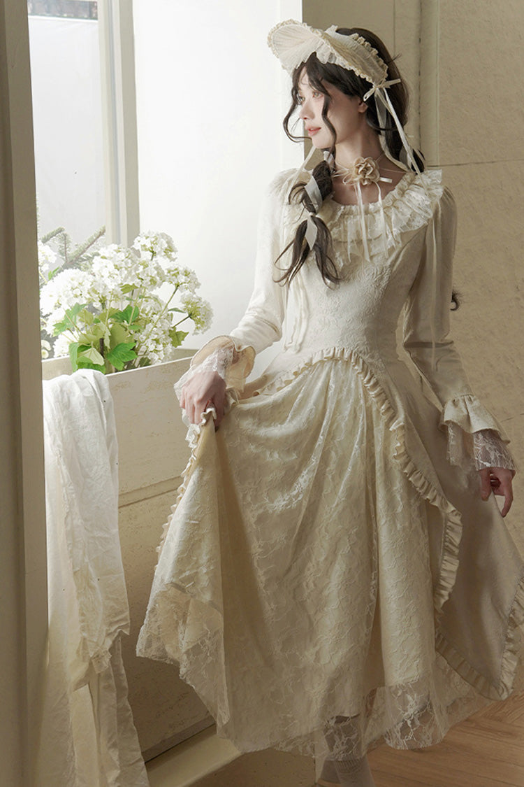 Ivory [White Tea] Long Sleeves Ruffle Bowknot Lace Irregular Classic Princess Lolita Dress - Product - 12