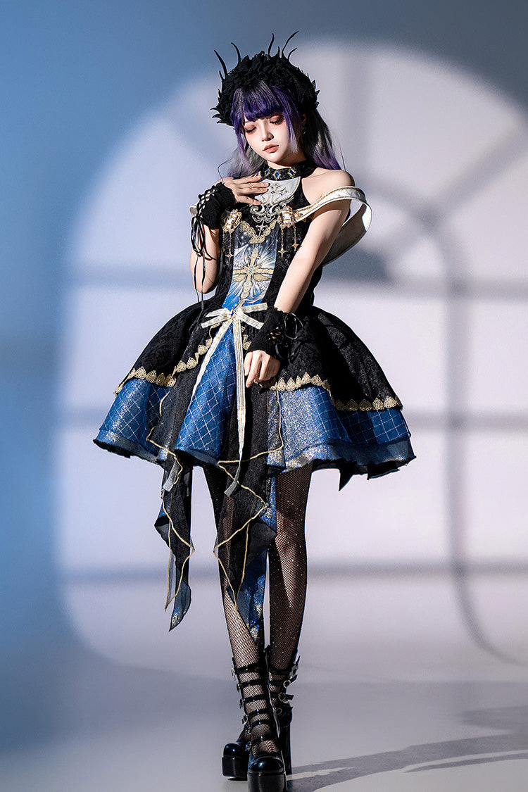 Black/Blue [Universe] Off Shoulder Halterneck Sleeveless Print Embroidery Cardigan Gothic Princess Lolita Dress - Product - 6