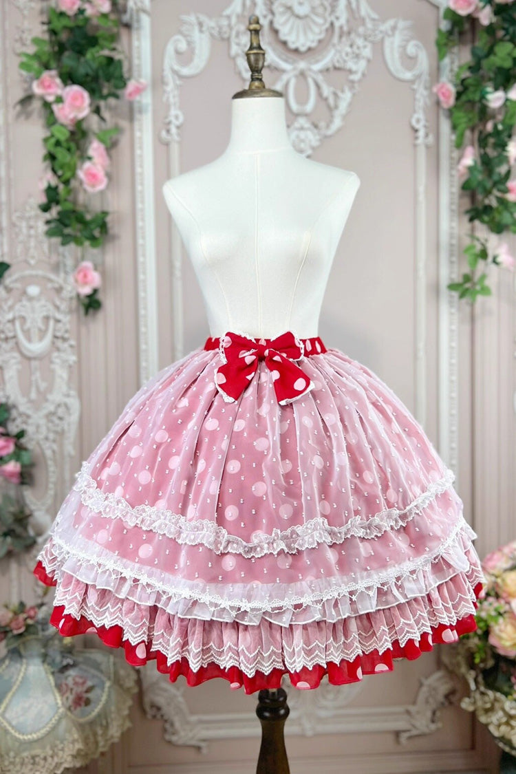 [Wave Candy] Triple-Layered Print Ruffle Bowknot Sweet Lolita Skirt 3 Colors - Red - 1