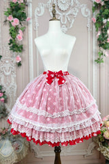 [Wave Candy] Triple-Layered Print Ruffle Bowknot Sweet Lolita Skirt 3 Colors - Red - 1