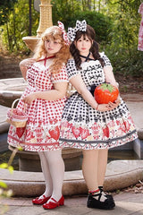 Red Short Sleeves Strawberry Plaid Print Bowknot Sweet Plus Size Princess Lolita Dress - Product - 6