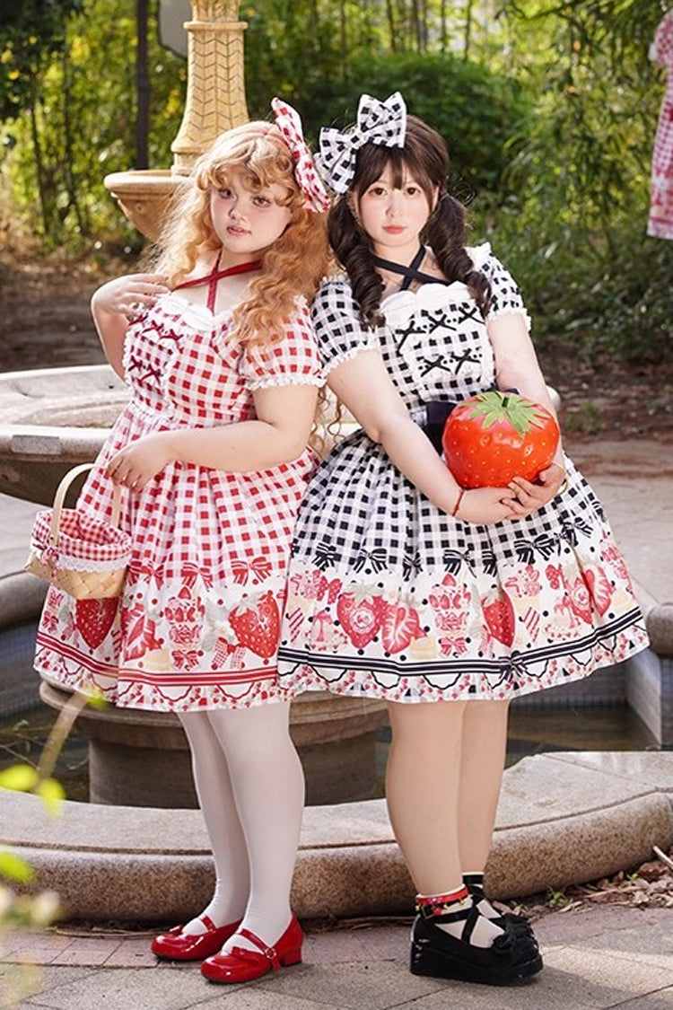 Red Short Sleeves Strawberry Plaid Print Bowknot Sweet Plus Size Princess Lolita Dress - Product - 6