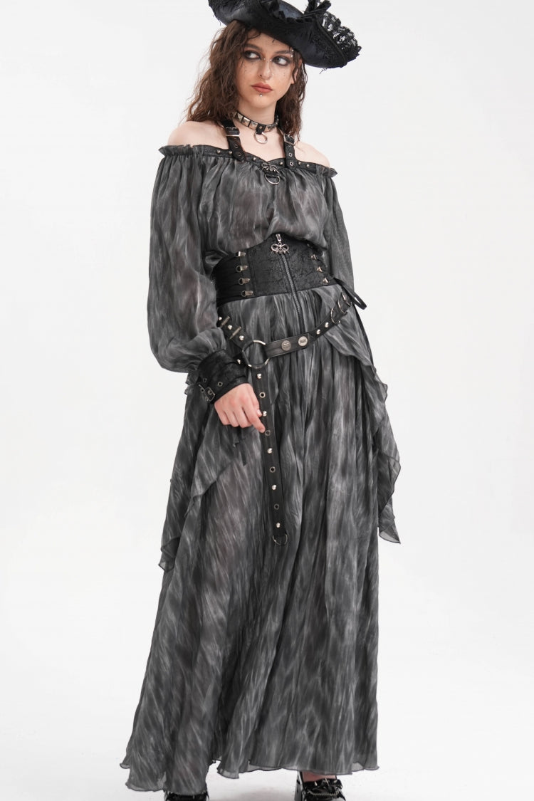 Grey Buckle-up Halterneck Long Sleeves Women's Gothic Blouse - Product - 5