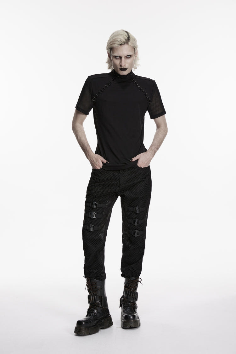 Black Spliced Slim Mesh Buckled Men's Punk Cool Pants - Black - 1