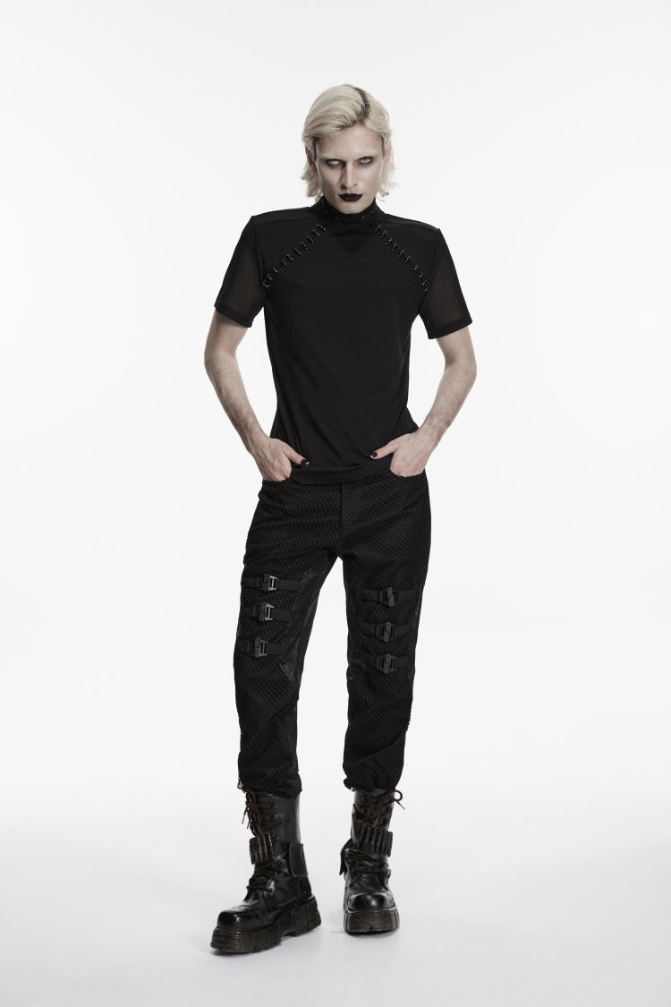 Black Spliced Slim Mesh Buckled Men's Punk Cool Pants - Black - 1