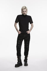 Black Spliced Slim Mesh Buckled Men's Punk Cool Pants - Black - 1