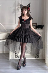 Black Short Sleeves Ruffle Rose Bowknot Elegant Princess Gothic Lolita Tiered Dress - Product - 3