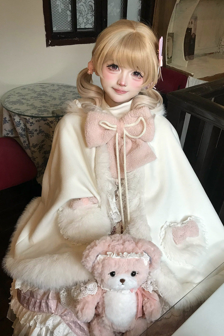 Ivory Cloud-Like Plush Bunny Ear Embroidered Bow Lace Sweet Lolita Cape Coat - Product - 3