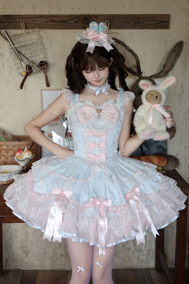 Blue [Candy Satin Ballet] Square Collar Sleeveless Multi-Layered Ruffled Bow Lace Pearl Detail Sweet Lolita Jsk Dress - Product - 8