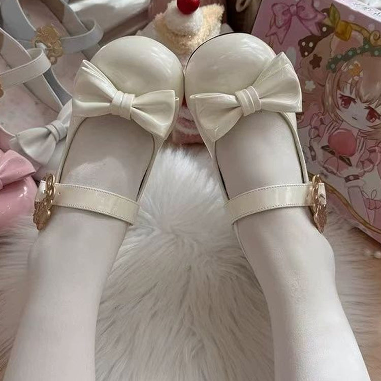 Cute Cat Element Single-Strap Buckle Round-Toe Bow Mary Jane Shoes 2 Heel Heights - White(2.8cm) - 4