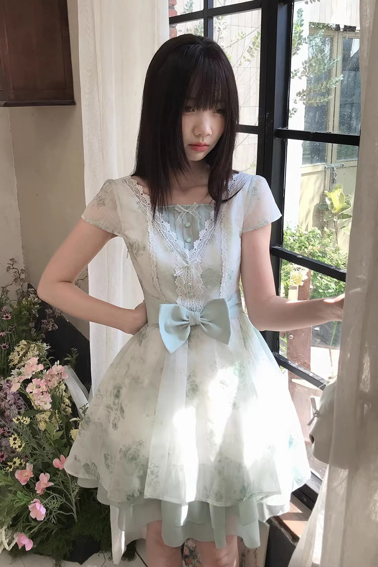 Green Short Sleeves Floral Printed Bow Lace Sweet Princess Lolita Dress - Product - 6