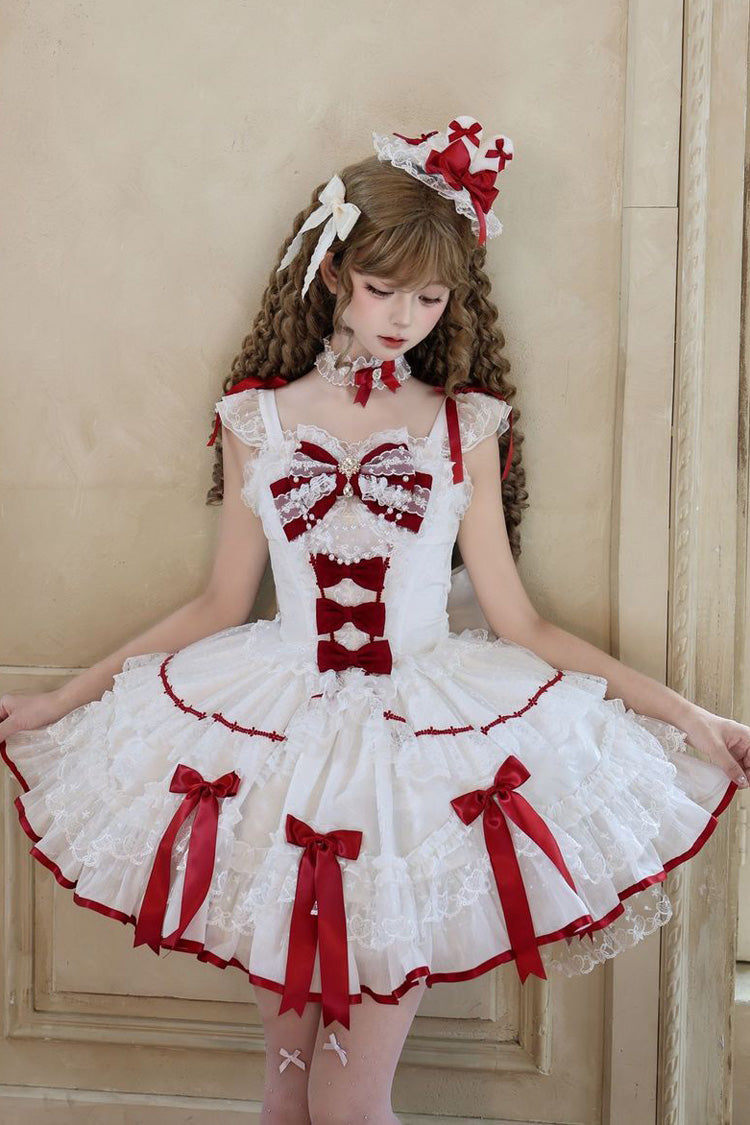 White [Candy Satin Ballet] Square Collar Sleeveless Multi-Layered Ruffled Bow Lace Pearl Detail Sweet Lolita Jsk Dress - Product - 4